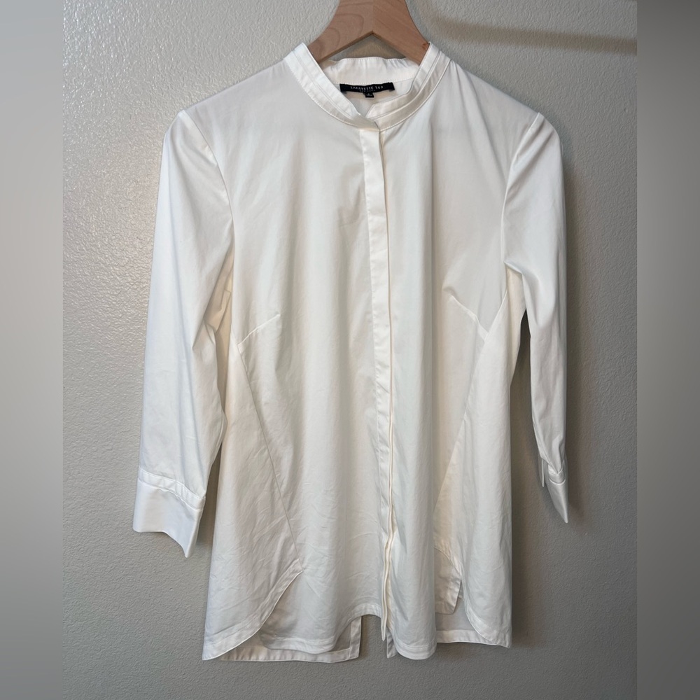 Lafayette 148 White Mandarin Collar Button Down Tunic Shirt